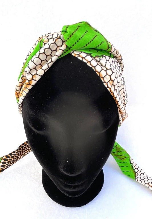 Turbante doble capa colmena blanco y verde hecho a mano africano 100% algodón - KHAMALI