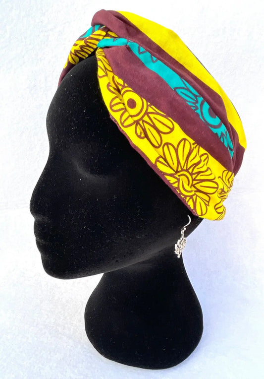 Turbante ankara doble capa envoltura cabello marrón, amarillo y azul con flores cinta ancha - KHAMALI