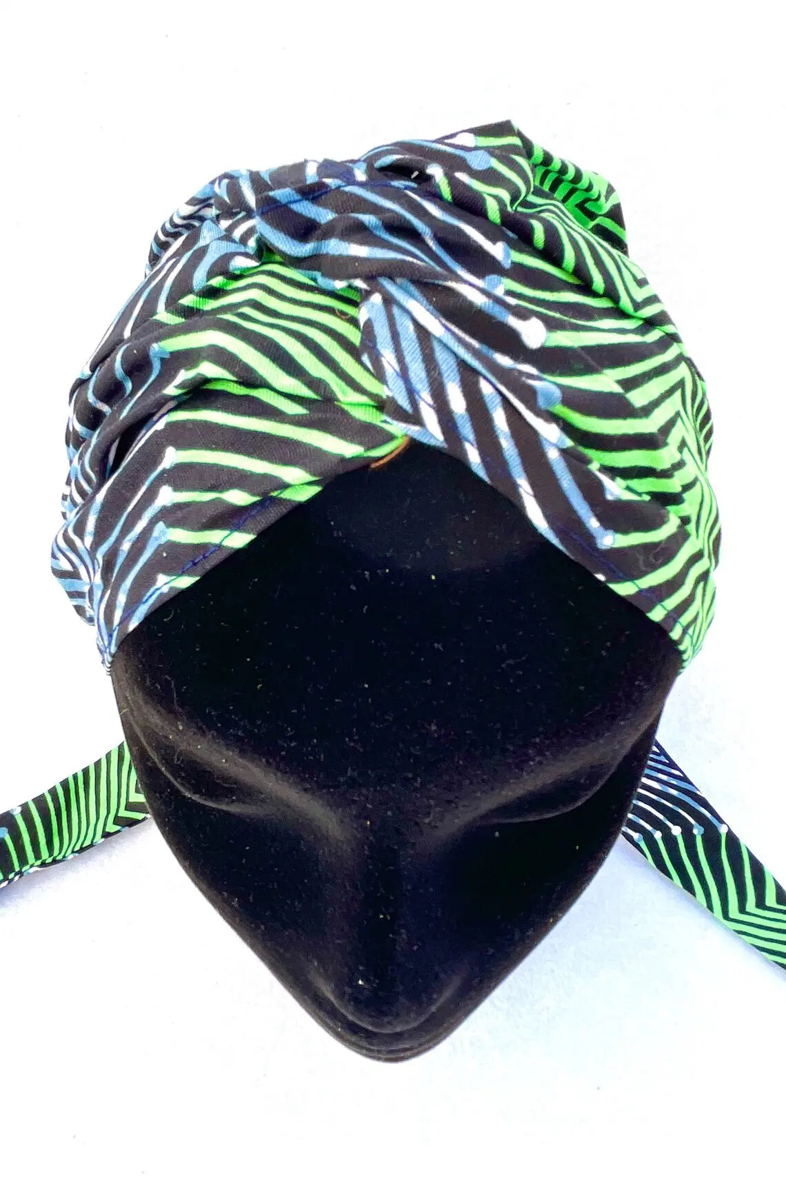 Turbante de una capa a rayas verde y azul estampado africano - KHAMALI