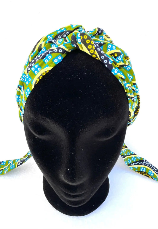 Turbante pañuelo étnico estilo boho alegre de moda azul y verde una capa hecho a mano - KHAMALI