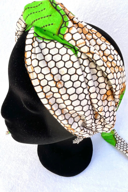 Turbante doble capa colmena blanco y verde hecho a mano africano 100% algodón - KHAMALI