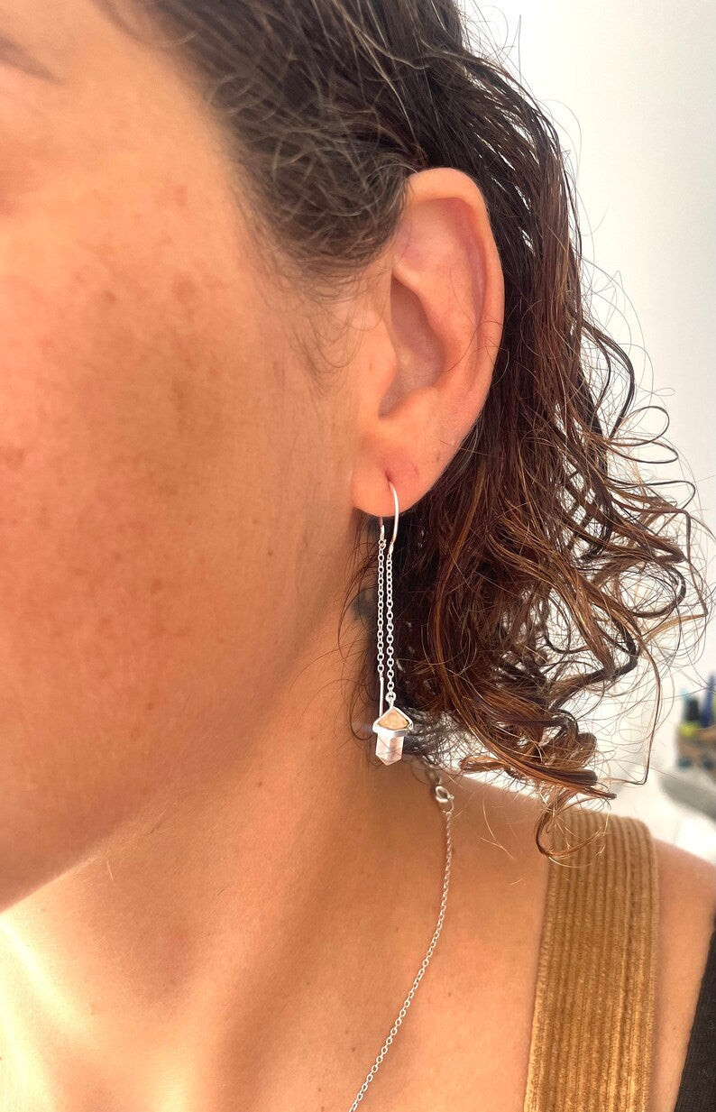 Pendientes colgantes de plata 925 con cuarzo rosa o ónix – Elige tu energía KHAMALI