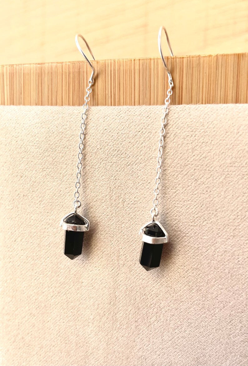 Pendientes colgantes de plata 925 con cuarzo rosa o ónix – Elige tu energía KHAMALI
