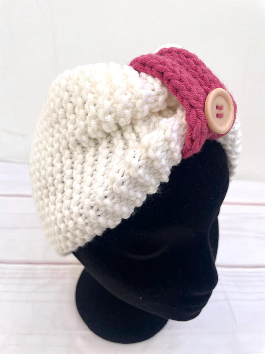 Turbante hecho a mano blanco y rosa KHAMALI