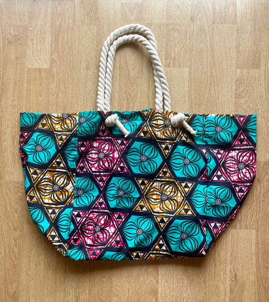 Bolsa grande playa de algodón con tela africana - KHAMALI