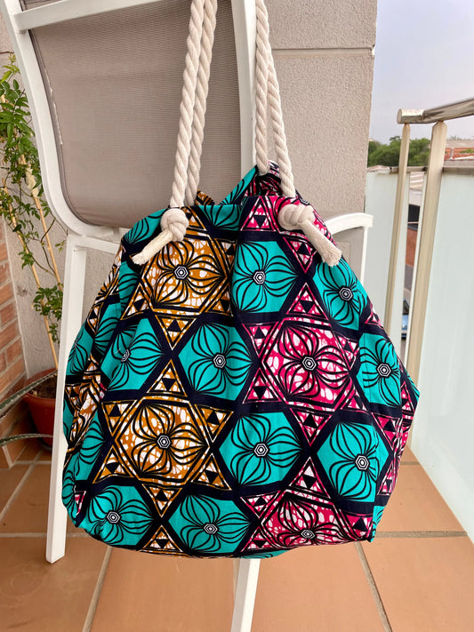 Bolsa grande playa de algodón con tela africana - KHAMALI