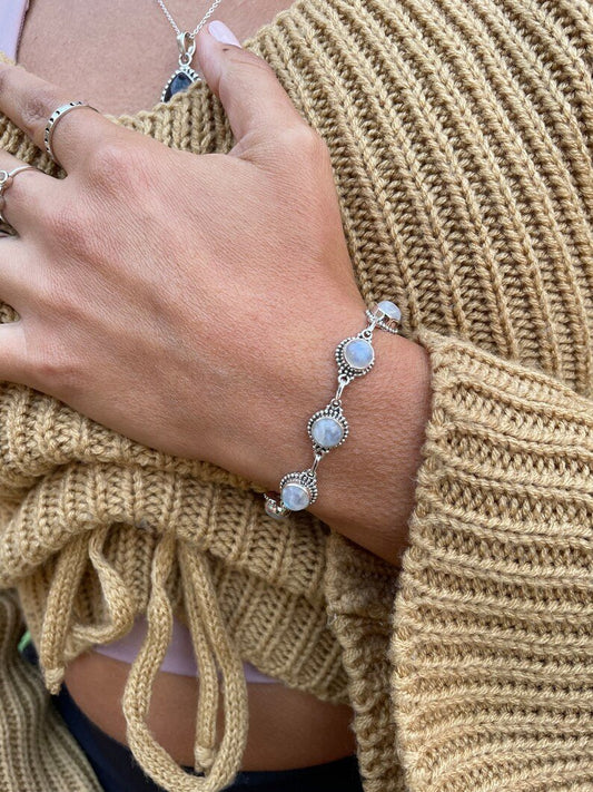 Pulsera de cuentas de plata 925 con piedra luna natural - KHAMALI