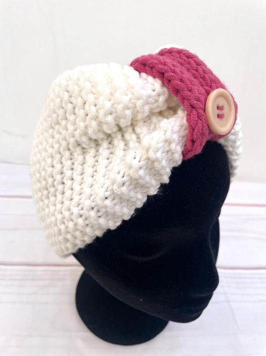 Turbante hecho a mano blanco y rosa - KHAMALI