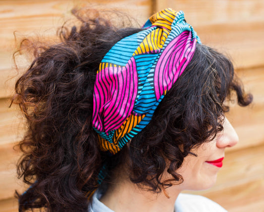 Turbante rosa, amarilla y azul a rayas doble capa hecho a mano africano 100% algodón KHAMALI