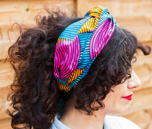 Turbante rosa, amarilla y azul a rayas doble capa hecho a mano africano 100% algodón KHAMALI