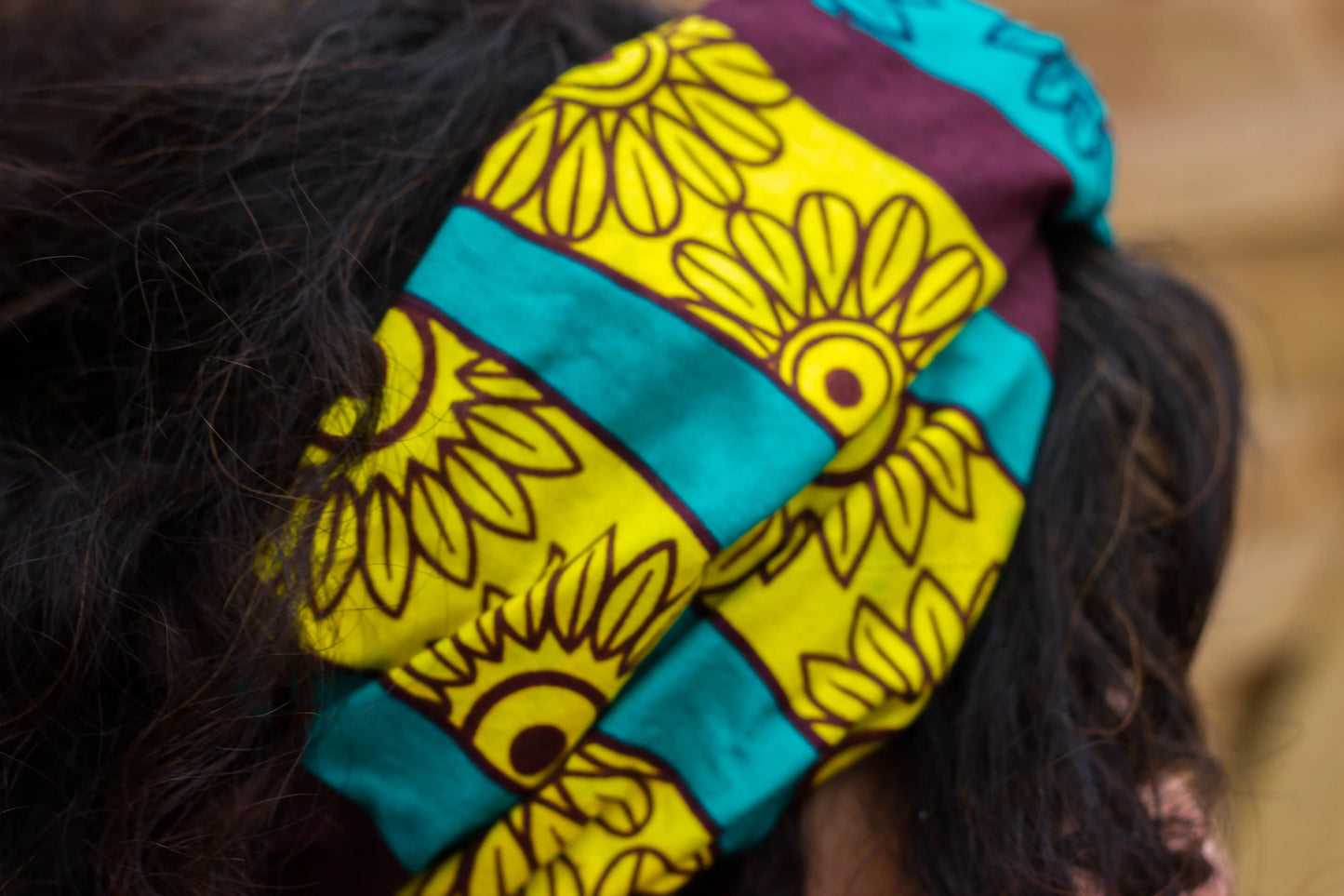 Turbante ankara doble capa envoltura cabello marrón, amarillo y azul con flores cinta ancha - KHAMALI