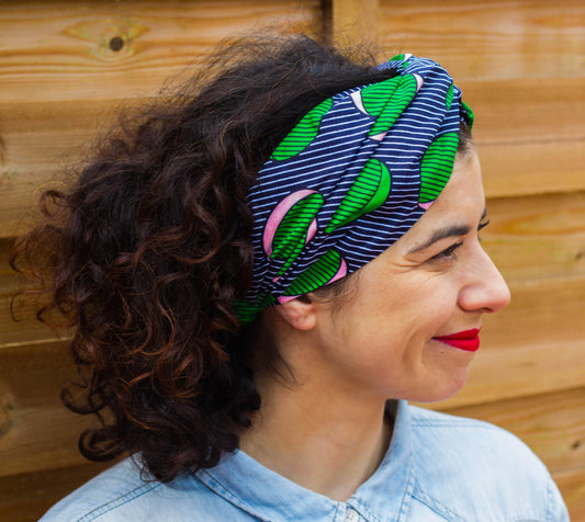 Turbante doble capa curly vintage retro azul, verde y rosa a rayas hecho a mano 100% algodón - KHAMALI