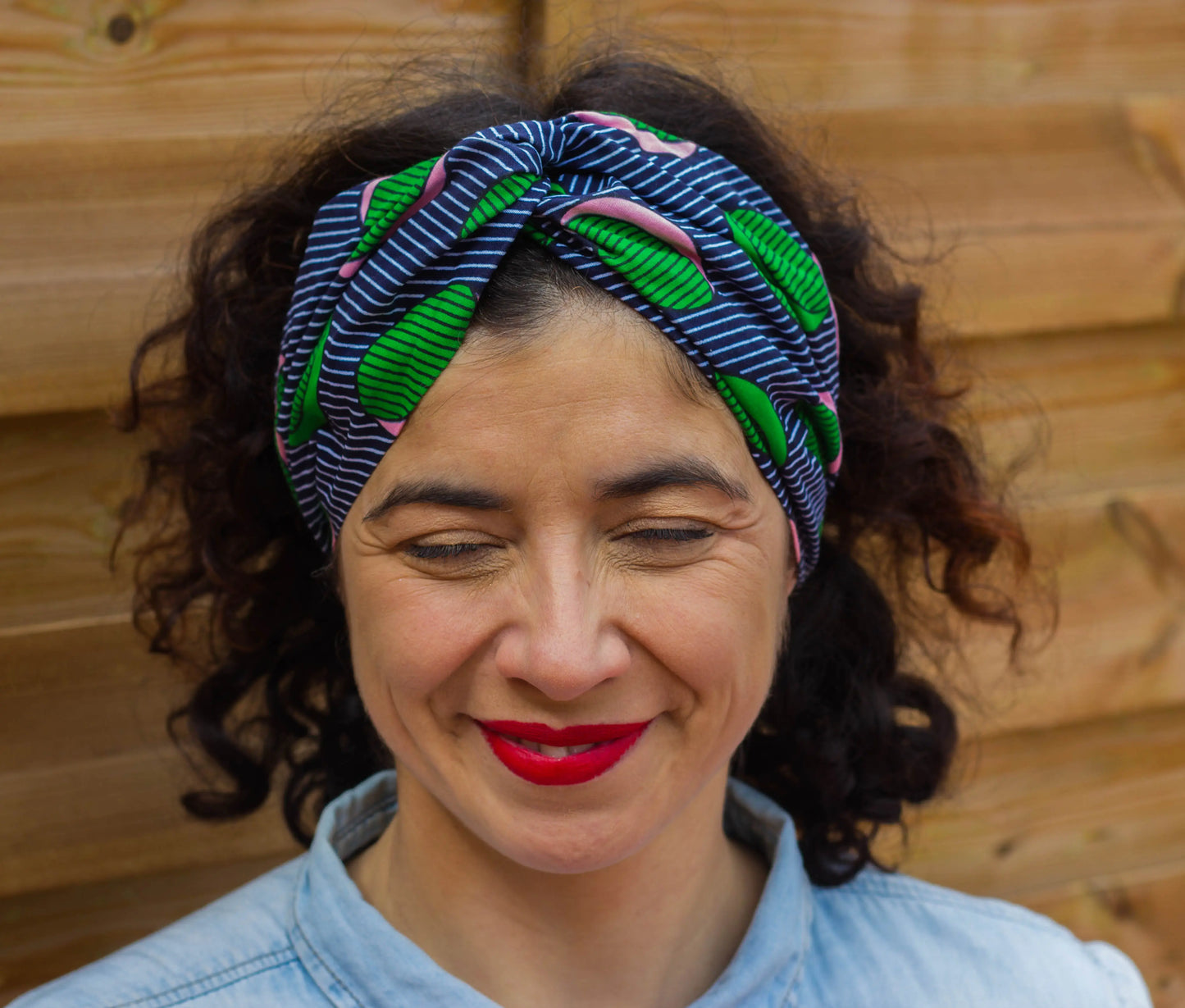 Turbante doble capa curly vintage retro azul, verde y rosa a rayas hecho a mano 100% algodón - KHAMALI
