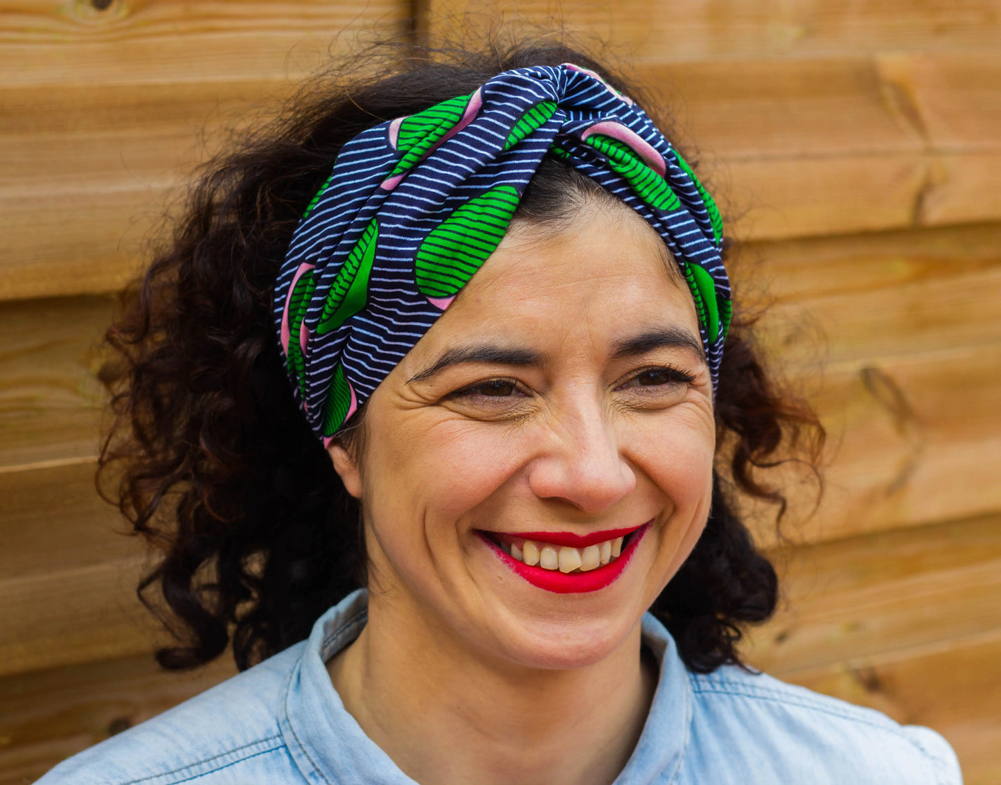 Turbante doble capa curly vintage retro azul, verde y rosa a rayas hecho a mano 100% algodón - KHAMALI