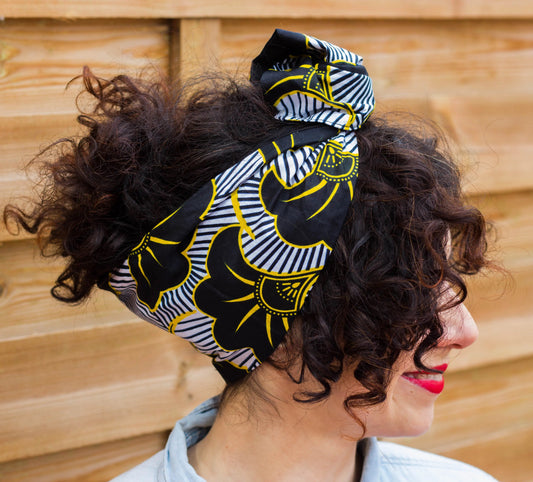 Cinta turbante alambre flor amarilla negro y blanco KHAMALI