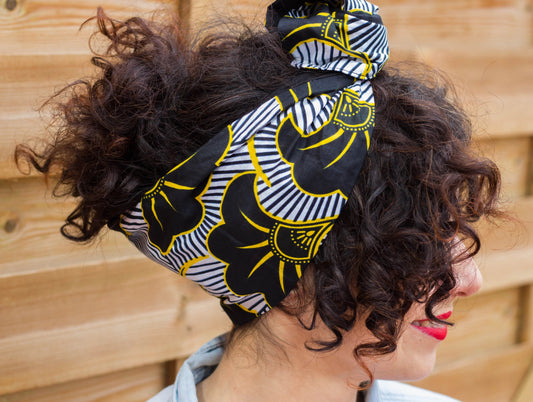 Cinta turbante alambre flor amarilla negro y blanco KHAMALI