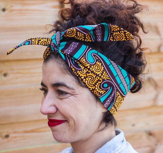 Turbante cinta estilo africano color azul y color tierra - KHAMALI