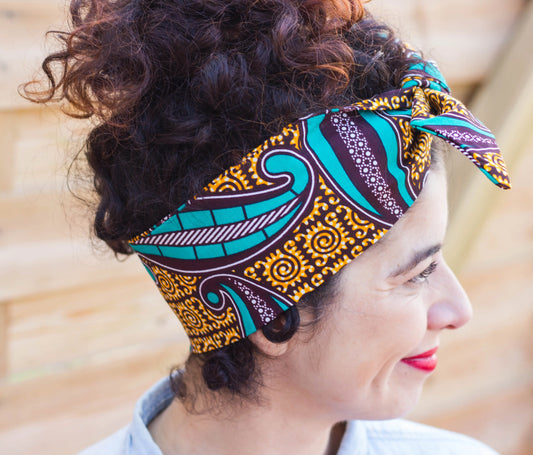 Turbante cinta estilo africano color azul y color tierra - KHAMALI