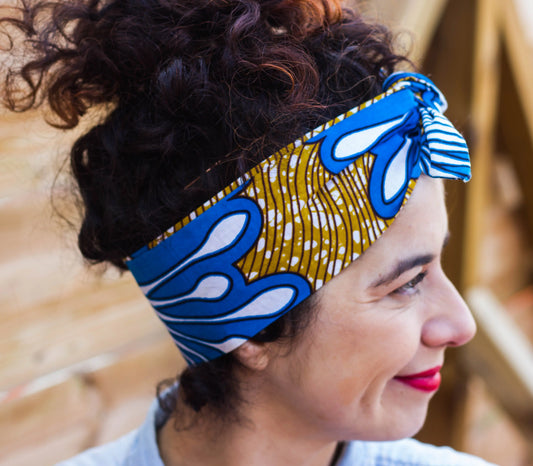 Diadema turbante flor grande azul, blanca y marrón - KHAMALI