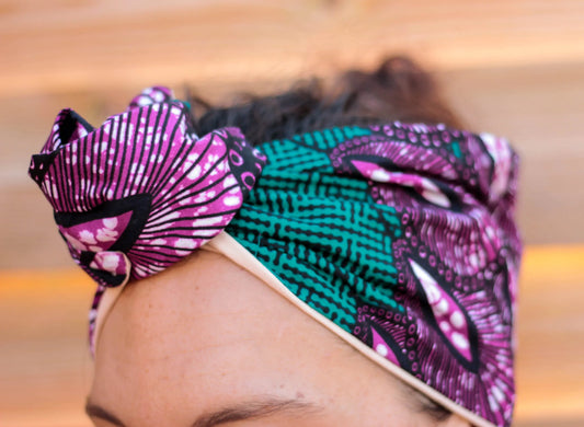 Precioso turbante lila y verde mujer poderosa hecho a mano con alambre en su interior - KHAMALI