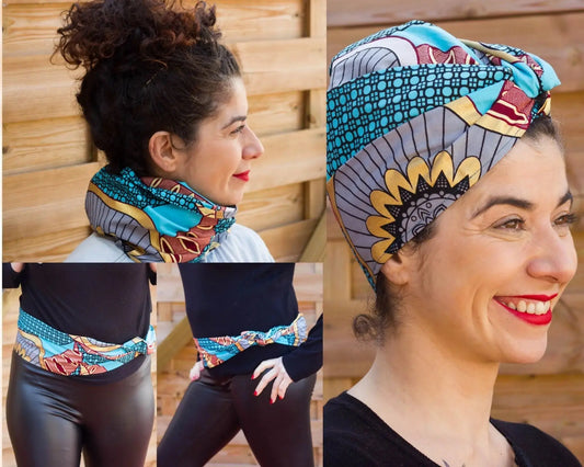 Pañuelo afro de algodón con flor negra y blanca - KHAMALI