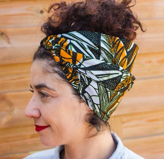 Turbante pin up regalo para ella estilo tropical blanco verde y ocre - KHAMALI