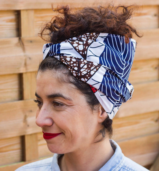Pañuelo turbante africano blanco adaptable estilo retro vintage con hoja azul marino - KHAMALI
