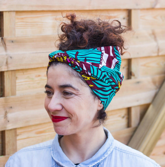 Turbante pañuelo turquesa rosa y amarillo estilo afro - KHAMALI