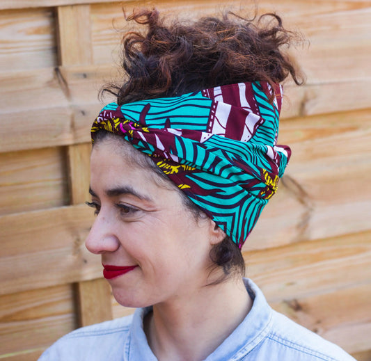 Turbante pañuelo turquesa rosa y amarillo estilo afro - KHAMALI