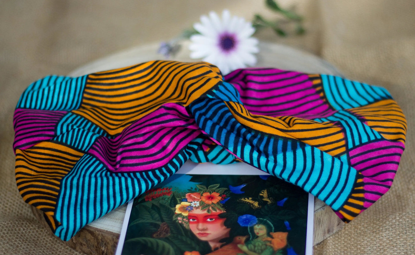 Turbante rosa, amarilla y azul a rayas doble capa hecho a mano africano 100% algodón KHAMALI