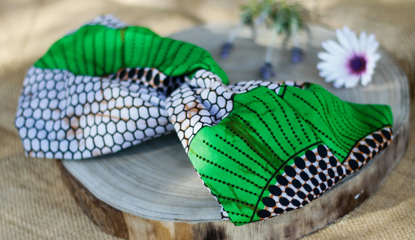 Turbante doble capa colmena blanco y verde hecho a mano africano 100% algodón - KHAMALI