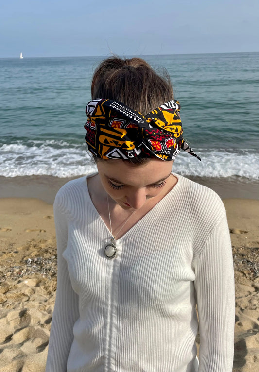 Turbante tribal una capa hecho a mano africano 100% algodón blanco, negro y amarillo - KHAMALI