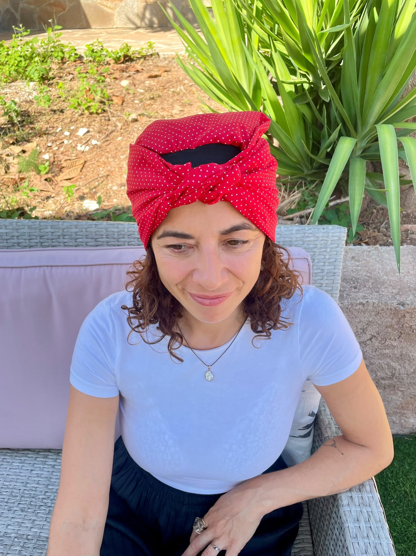 Turbante Integral BOHEME Rojo con Topos Blancos