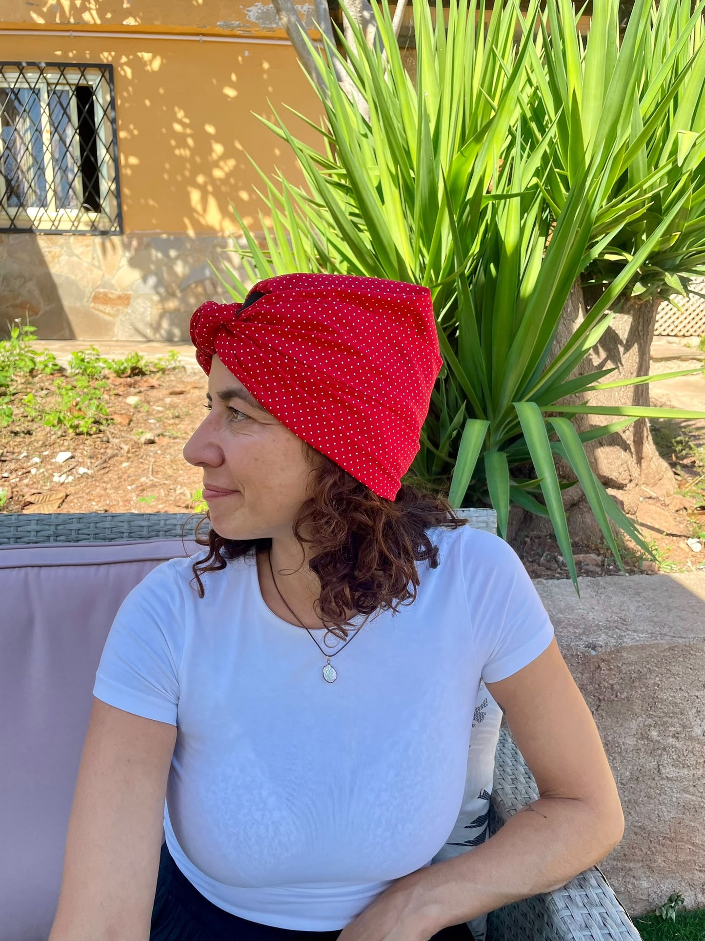 Turbante Integral BOHEME Rojo con Topos Blancos