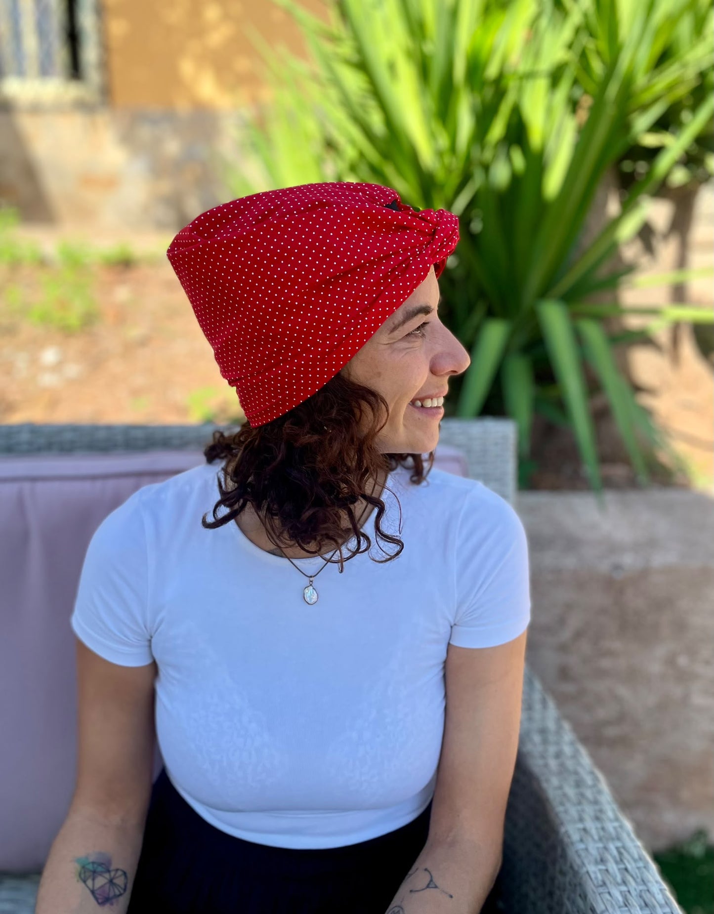 Turbante Integral BOHEME Rojo con Topos Blancos