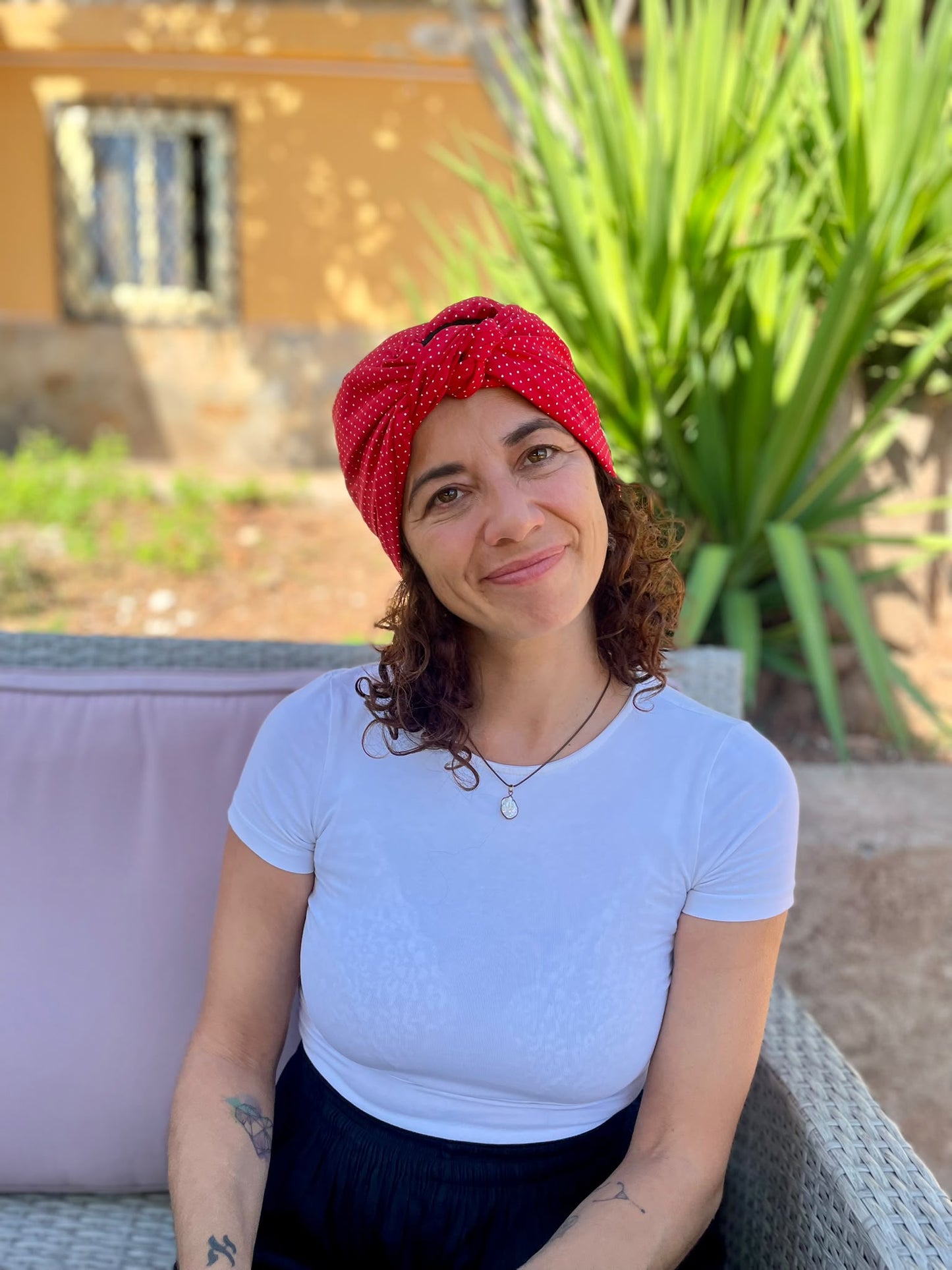 Turbante Integral BOHEME Rojo con Topos Blancos