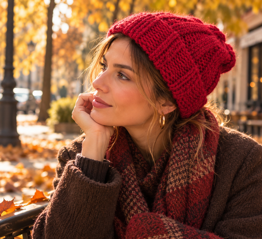 Gorro rojo tejido a mano con lana sintética