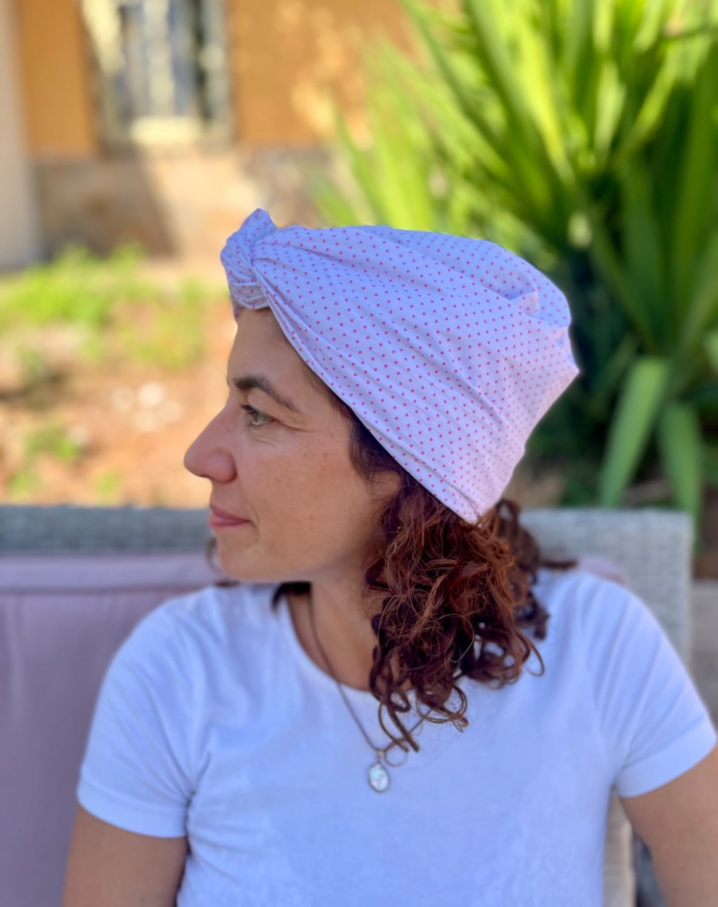 Turbante Integral BOHEME Blanco con Topos Rosas