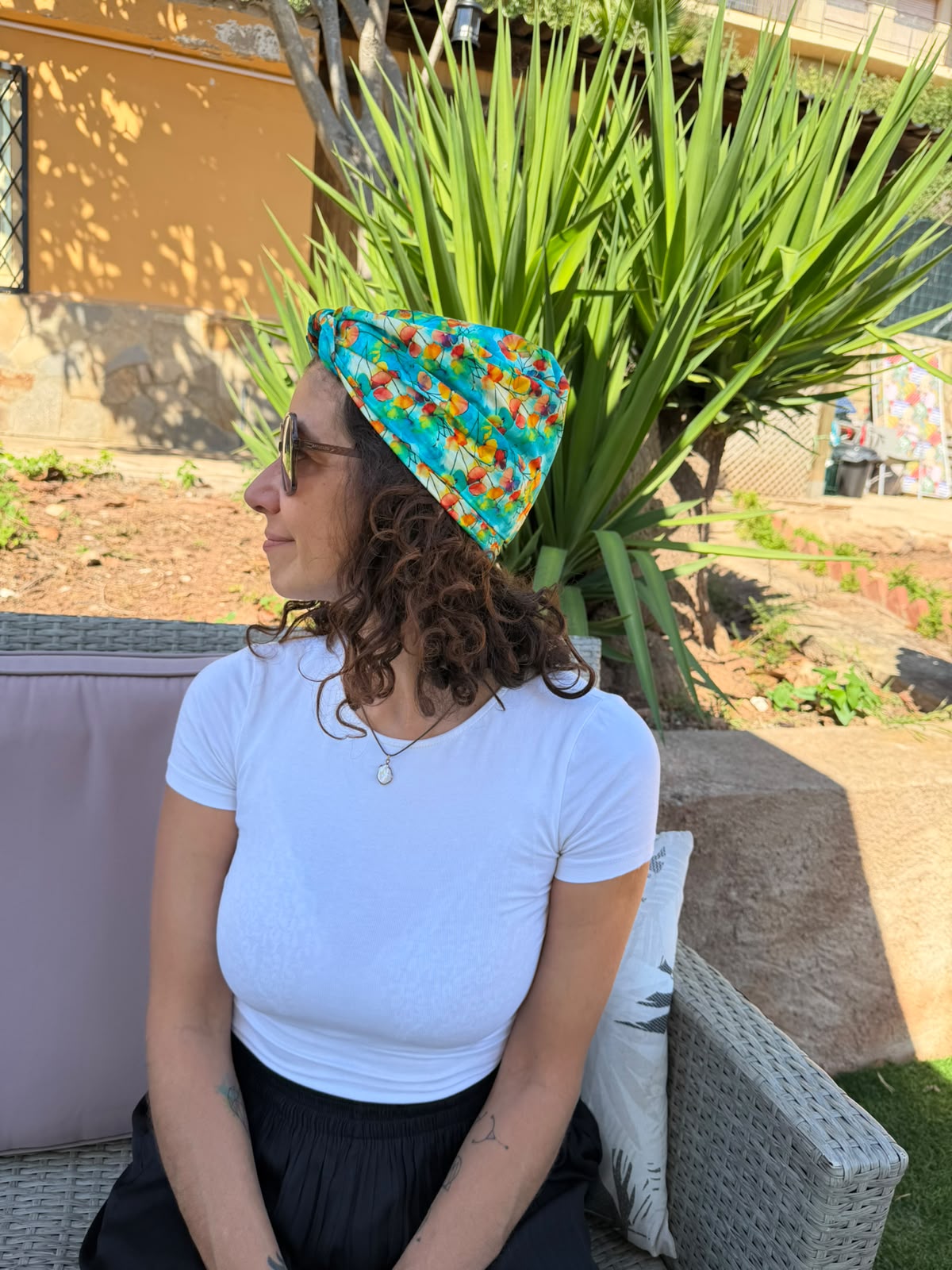 Turbante Integral BOHEME Floral Acuarela Verde y Lila