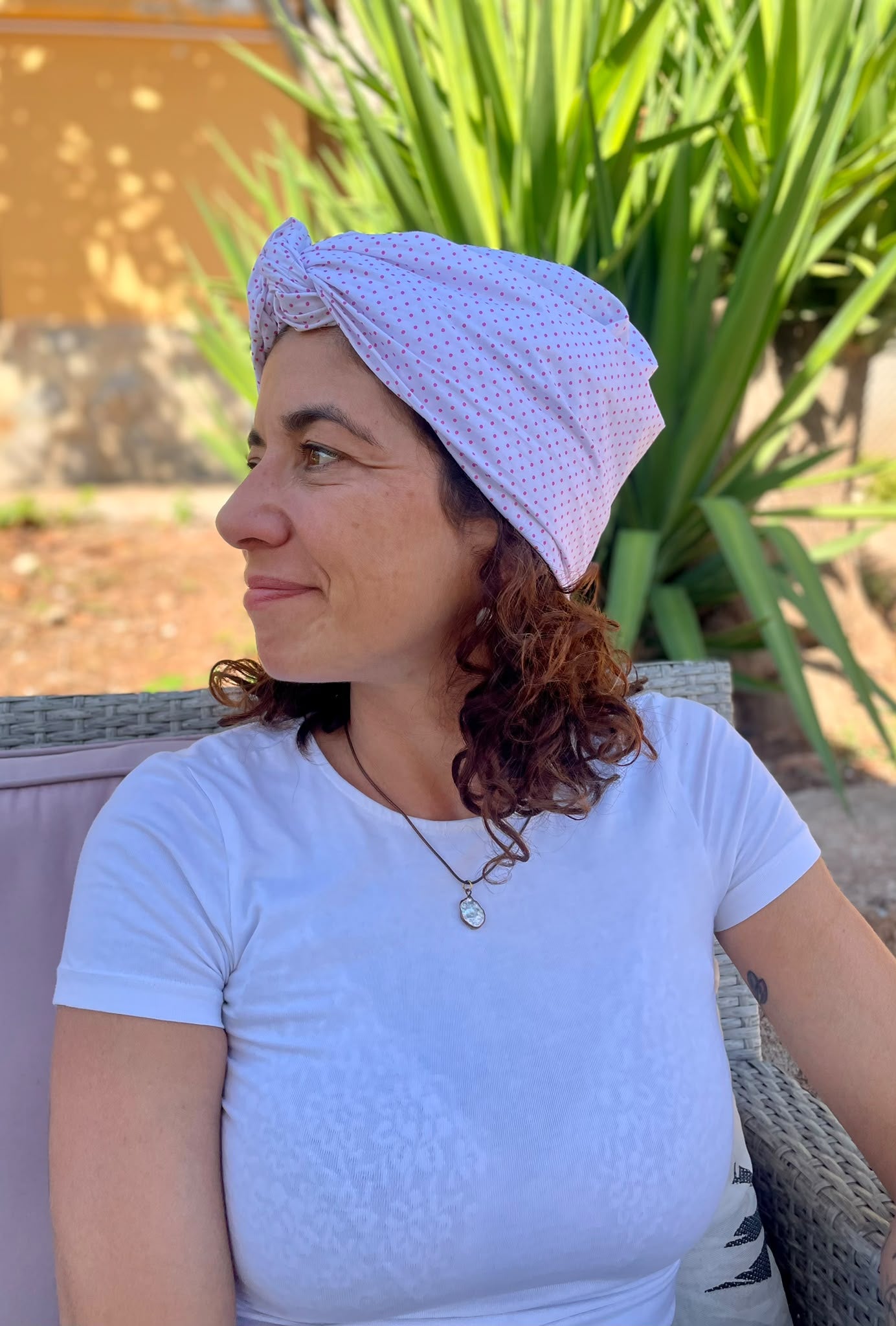 Turbante Integral BOHEME Blanco con Topos Rosas