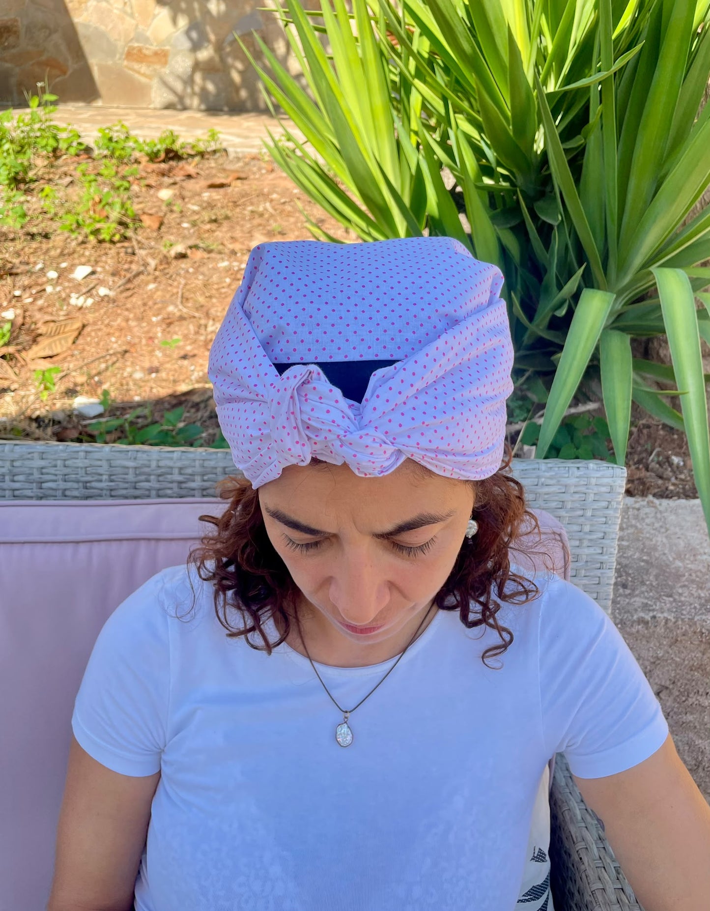 Turbante Integral BOHEME Blanco con Topos Rosas