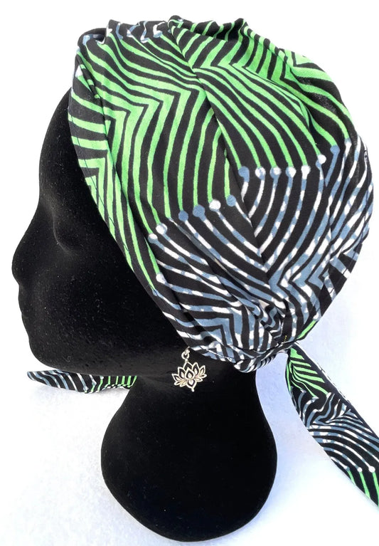 Turbante de una capa  a rayas verde y azul estampado africano - KHAMALI
