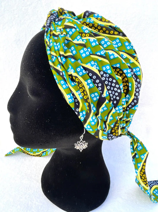 Turbante pañuelo étnico estilo boho alegre de moda azul y verde una capa hecho a mano - KHAMALI