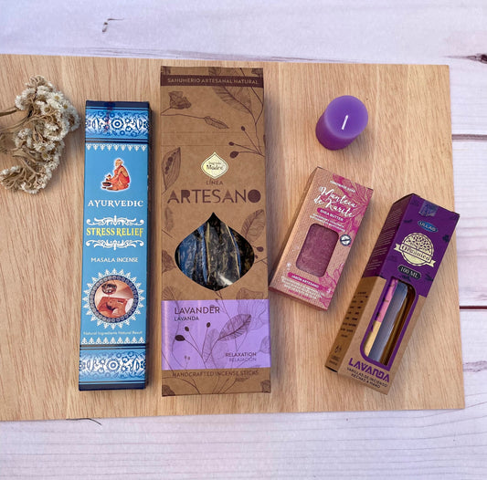 Kit meditación, caja de luxe Antiestrés, , Regalos de spa, Cuidado personal, Incienso natural, Jabón de manteca de karité, Regalo relajante KHAMALI
