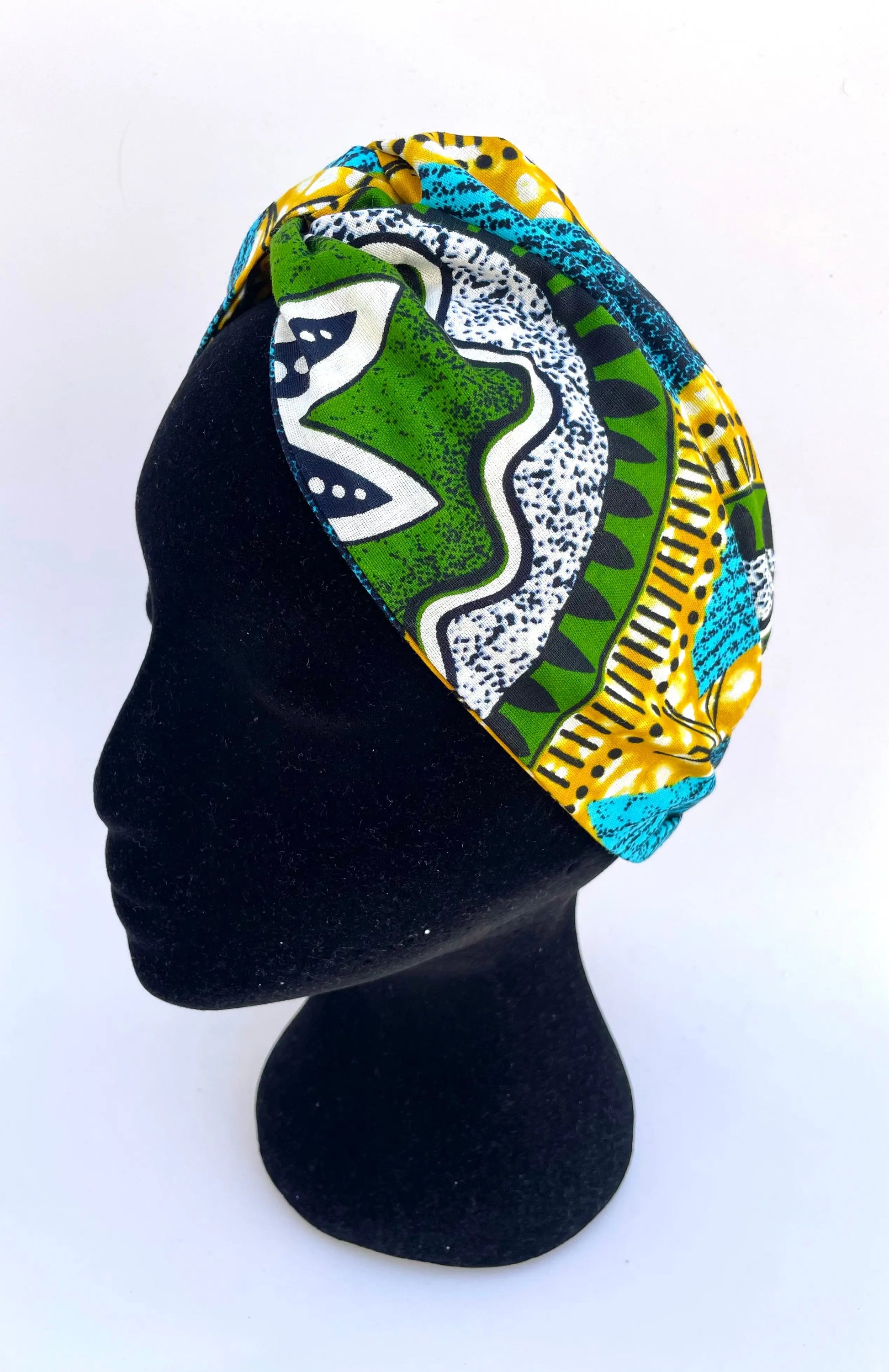 Turbante de moda doble capa envoltura de algodón africano con elástico azul, verde y amarillo - KHAMALI