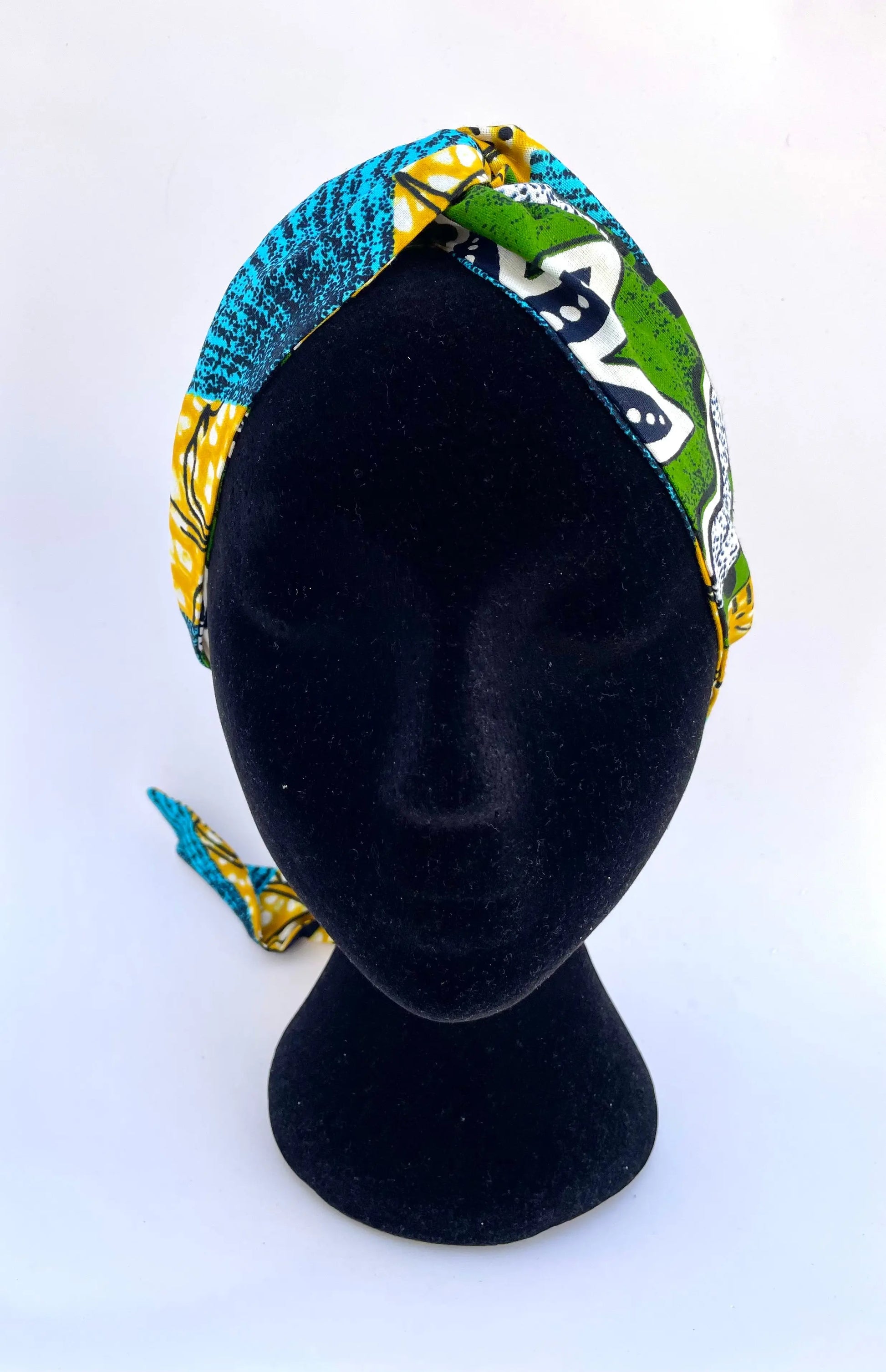 Turbante de moda doble capa envoltura de algodón africano con elástico azul, verde y amarillo - KHAMALI