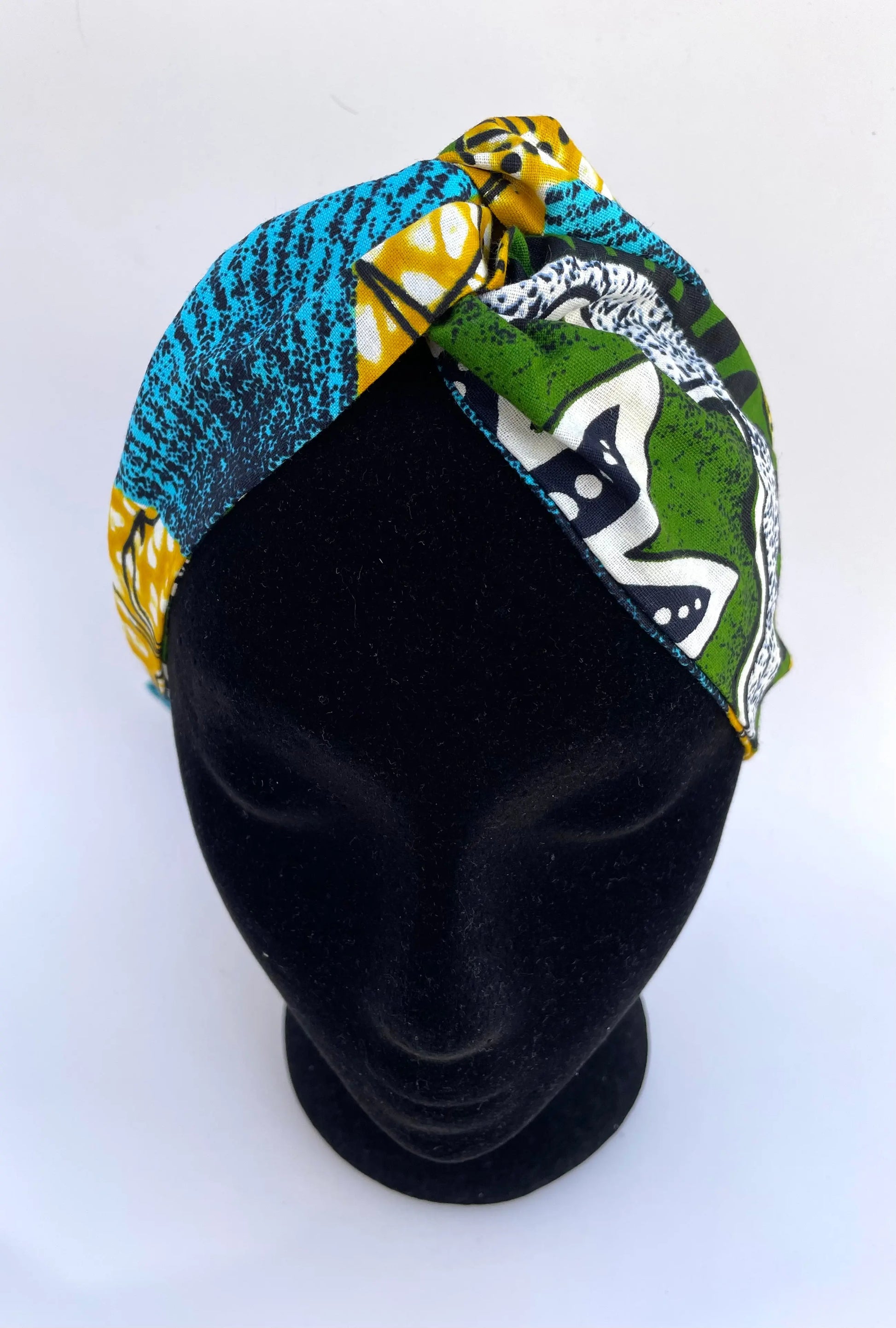 Turbante de moda doble capa envoltura de algodón africano con elástico azul, verde y amarillo - KHAMALI
