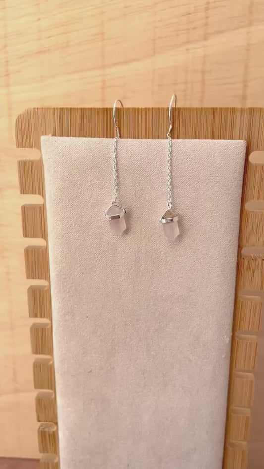 Boucles d'oreilles pendantes en argent 925 avec quartz rose ou onyx – Choisissez votre énergie