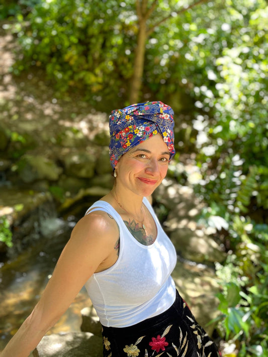 Turbante completo azul floral japonés - KHAMALI