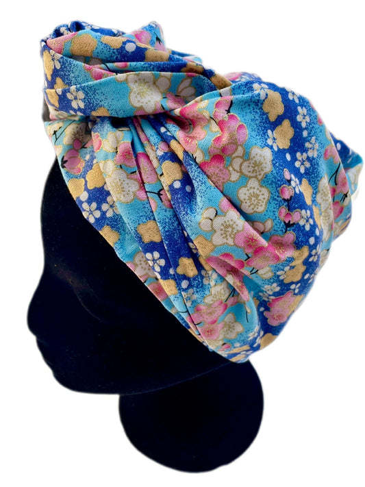 Turbante completo estilo floral japonés azul cielo - KHAMALI